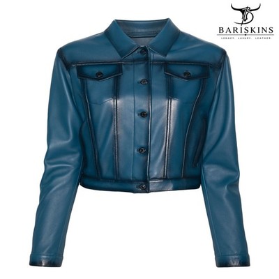 Womens Teal Blue Lambskin Leather Cropped Jacket Button Front Bariskins
