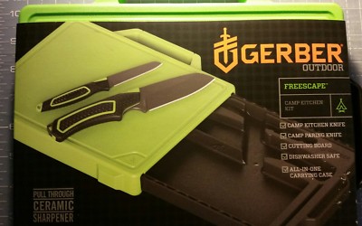 Gerber camping knife set with cutting board /tray  and sharpener /case AUTHENTIC