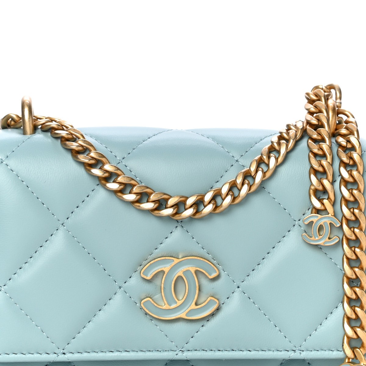 CHANEL Lambskin Enamel Quilted Clutch With Chain, Light Blue, NEW