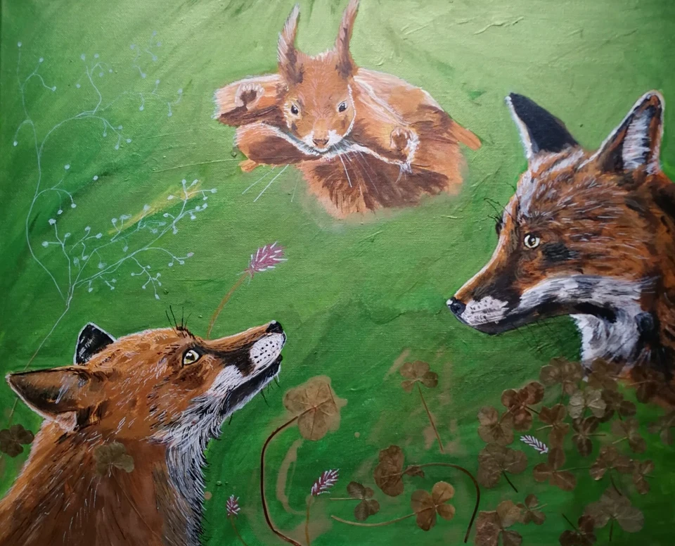 Original/Unikat Acryl auf Leinwand signiert. 50x60cm Fuchs und Co Glücksklee - Bild 1 von 4