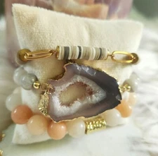 NWT Ryze Natural Stone Peach Aventurine & Geode Stack Bracelets - Set of 3