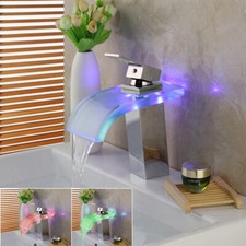 LED 7.4" Bathroom Waterfall Glass Spout Basin Sink Mixer Faucet Deck Mount Taps