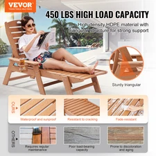 VEVOR Outdoor Reclining Chaise Lounge Chair Adjustable Patio Bench Lounger HDPE