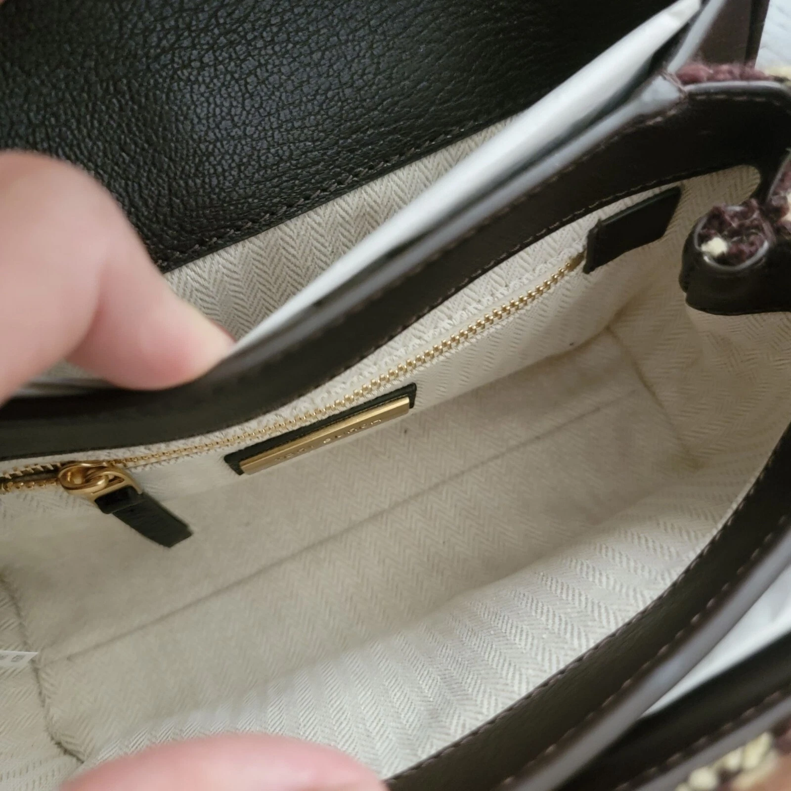 Borsa a tracolla convertibile Tory Burch Fleming tweed marrone giallo burro designer