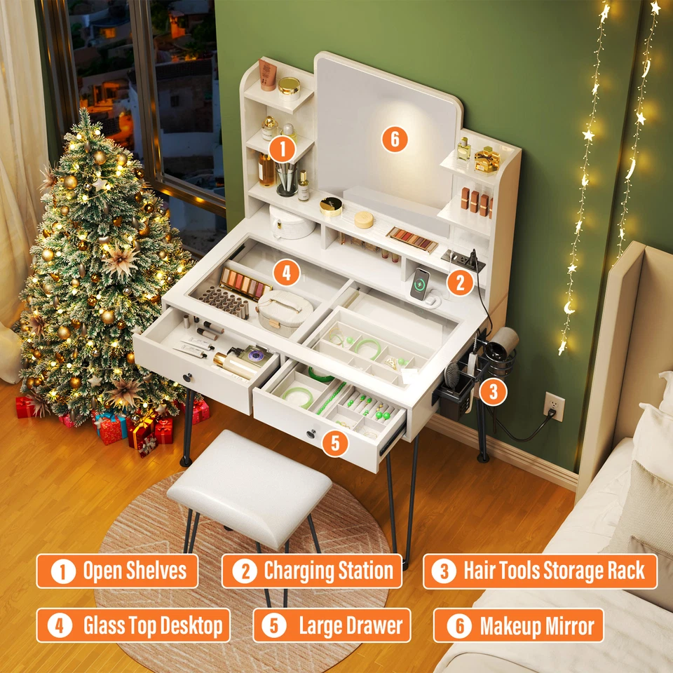 TC-HOMENY Juego de Mesa de Tocador de Maquillaje con Estación de Carga y Espejo Cómoda Foto 4 de 4
