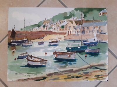 Eric Ward - ''Mousehole Harbour, Cornwall'' Hafen, Boote, Aquarell