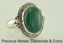 Sterling Silver Rope Bezel Set Green Malachite Statement Ring 925 Sz: 8.5