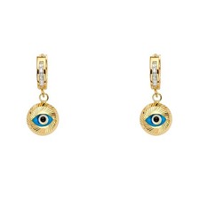 Womens Real 14K Yellow Gold CZ Evil Eye Dangle Huggies Earrings Girls