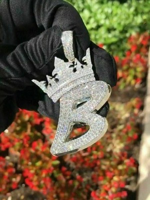 3Ct Round Cut Diamond ''B'' Initial Pendant 14K White Gold white Plated Silver