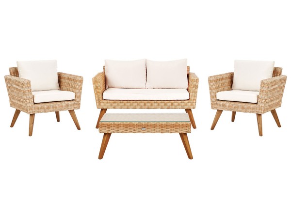 4-Sitzer Lounge Set 4-Teilig Rattan Hellbraun Auflagen Cremeweiß Vittoria-image