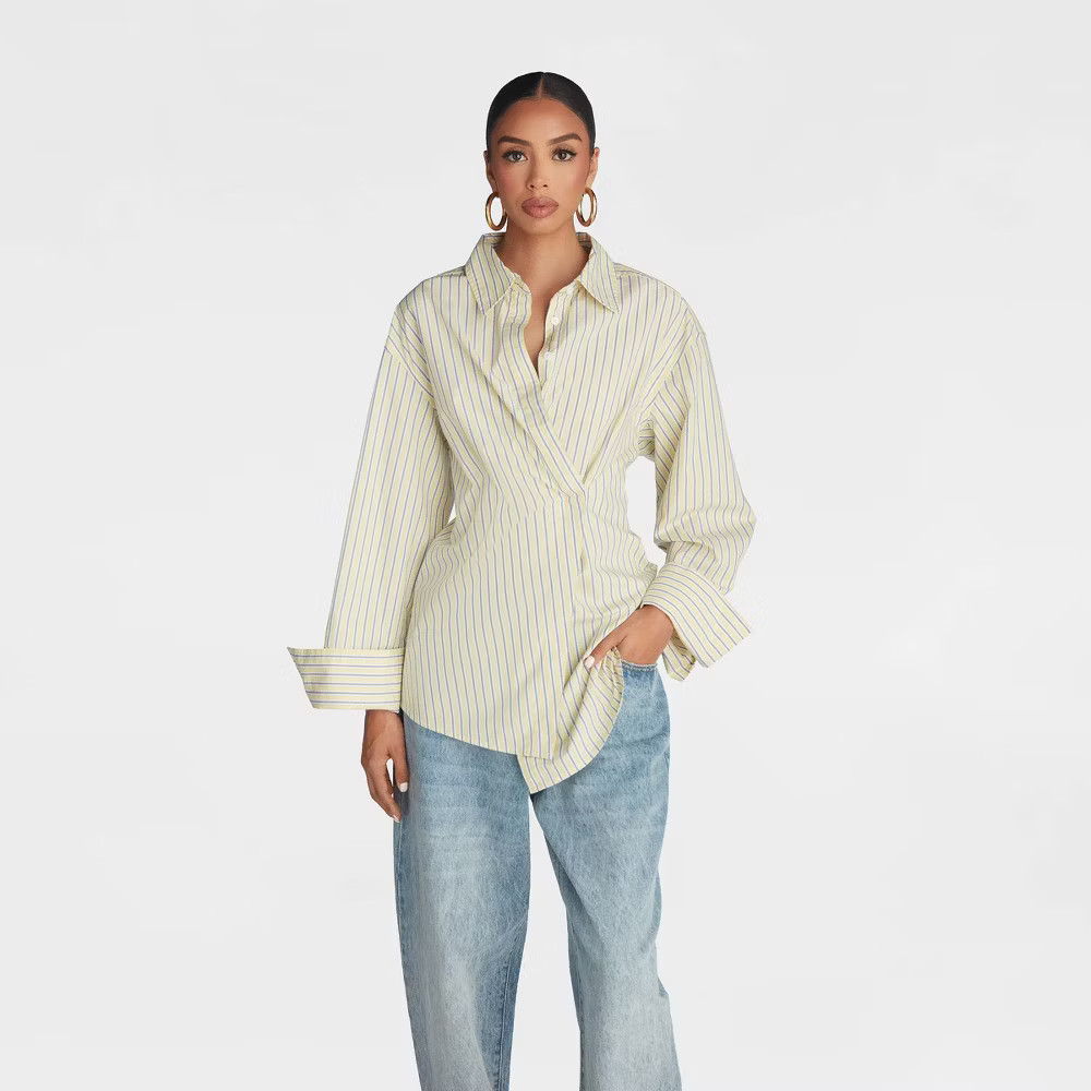 KBB by KAHLANA Women's Long Sleeve Button-Down 'The Wrap Shirt' - Yellow