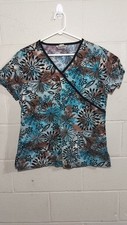 Comfy Cotton Women's Floral Scrub Top Wrap V-Neck Cotton Blue Brown
