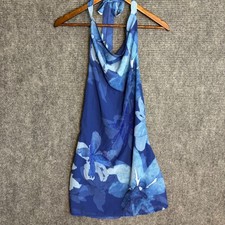Windsor Blue Floral Rhinestone Halter Mini Dress Cowl Neck Open Back Y2K Small