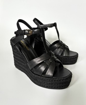 Saint Laurent Tribute Black Wedge Espadrille Sandals EU 39 US 8