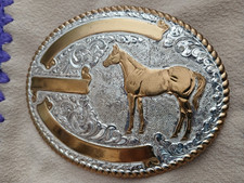 Silver plate Crumrine Horse With Blank Award Large Western Oval Belt Buckle