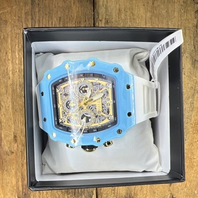 ACW Chronograph Skeleton Dial Wristwatch White Silicone Band Blue Case Gold Dial