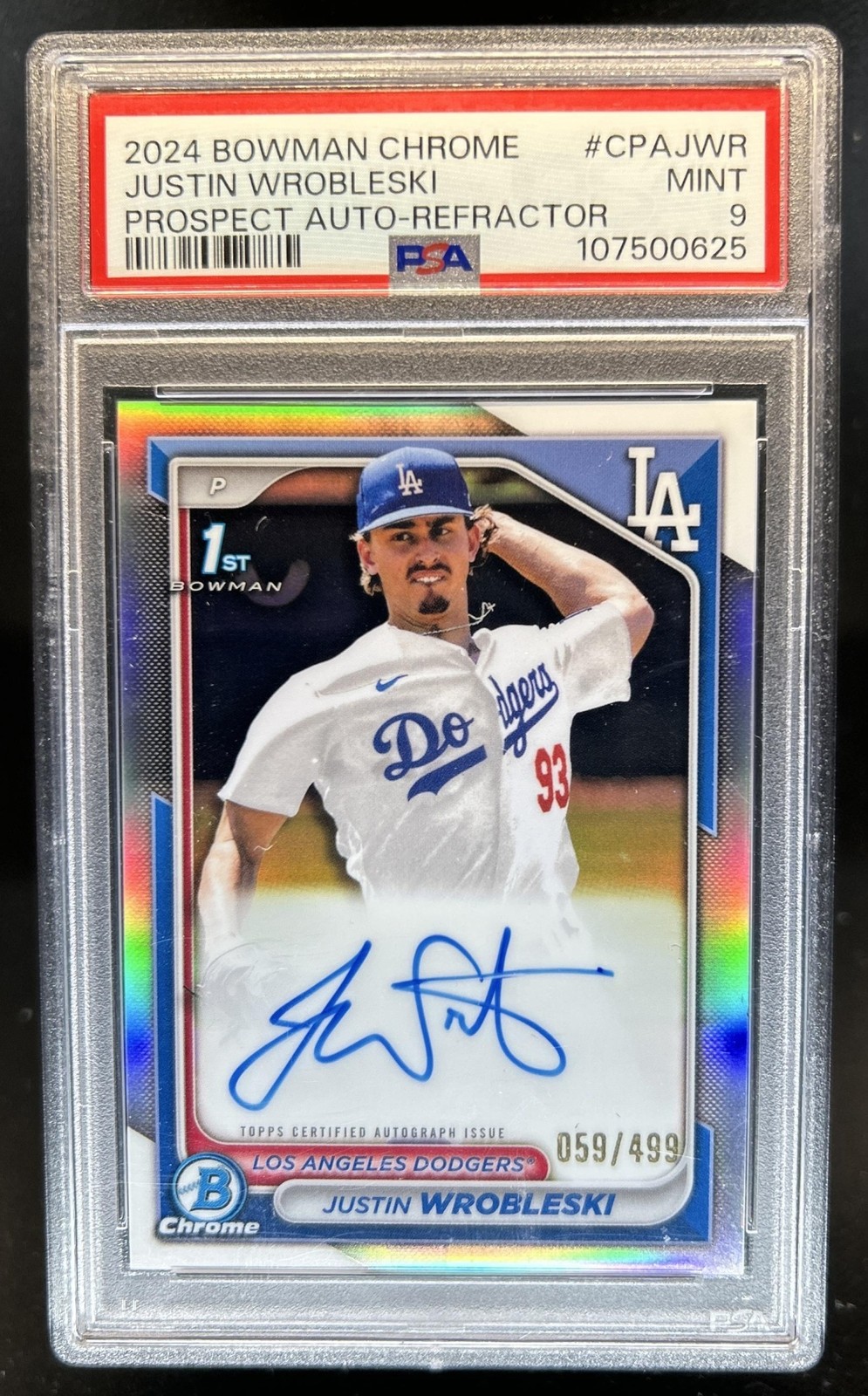 2024 Bowman Chrome Justin Wrobleski Auto Refractor 1st #/499 Dodgers PSA 9
