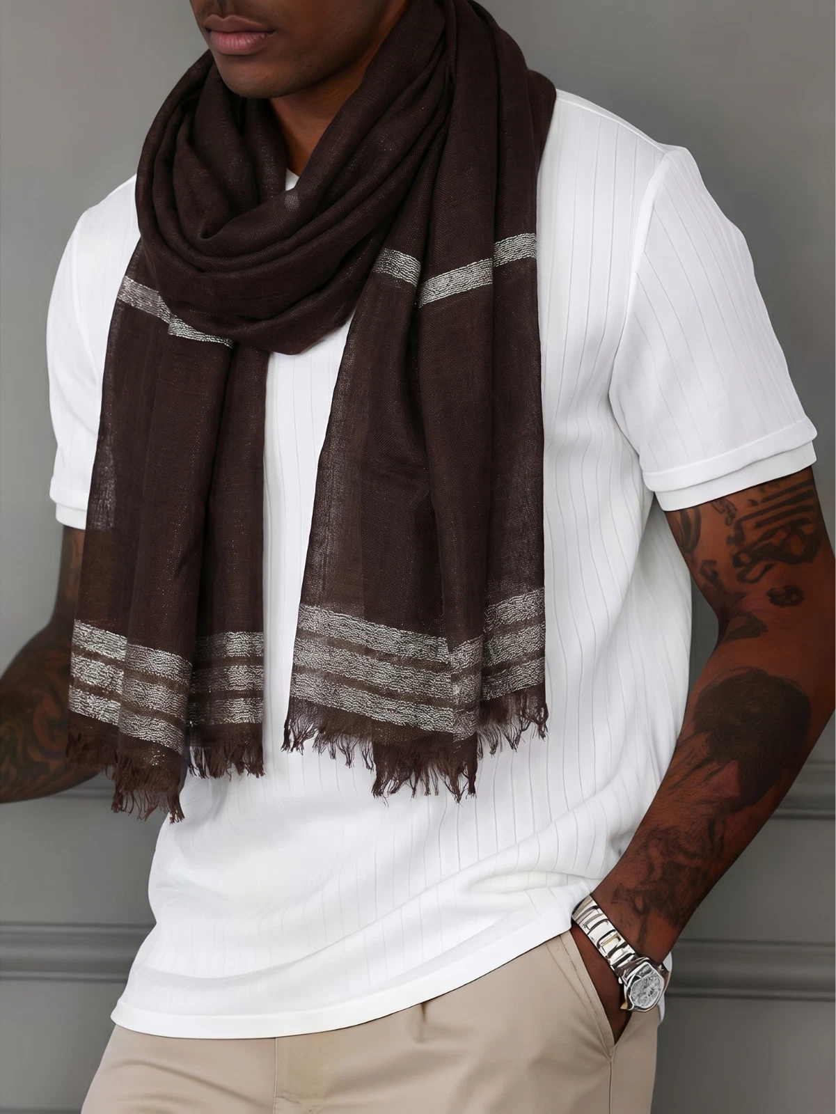 NWT Gianfranco Ferré Brown & White Striped Silk Wool Men's Scarf Italy 18"X70"