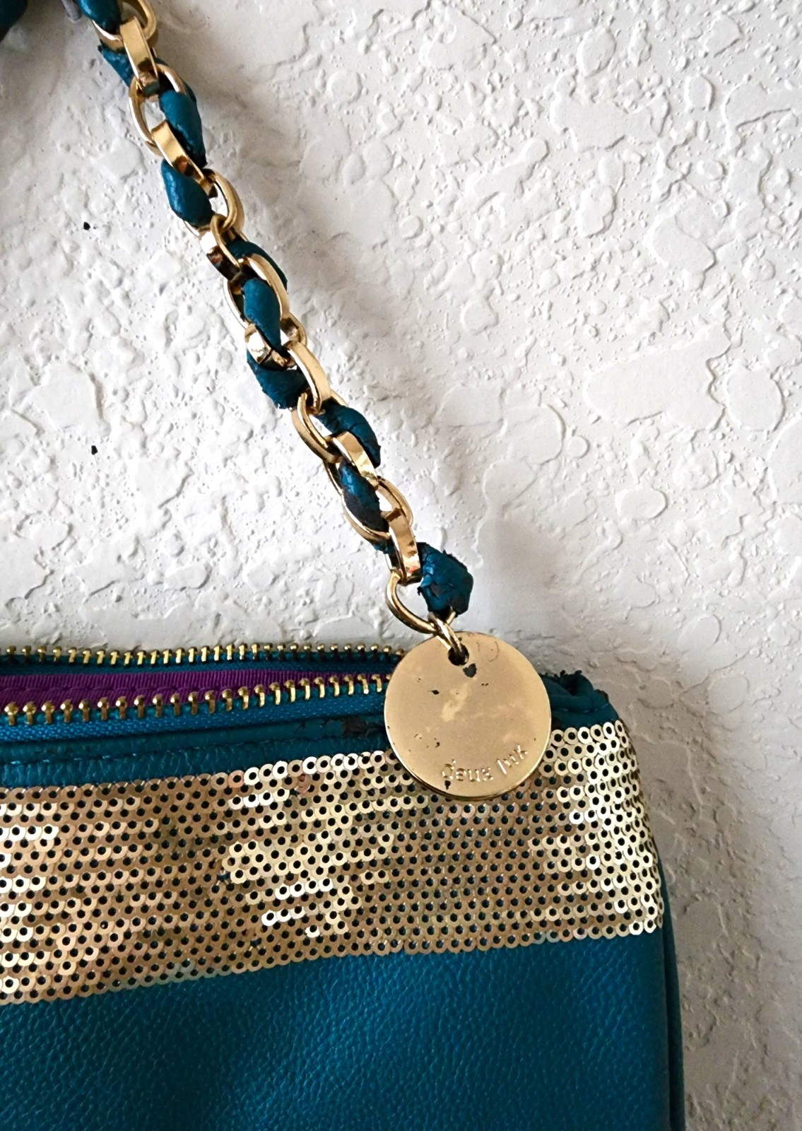 Deux Lux Turquoise Evening Handbag Gold Sequins and Braided Gold Tone Hardware