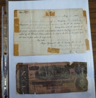 American Civil War 1865 Confederate Parole Paper and 10 Ten Dollar Note