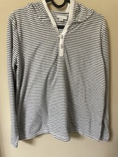 J. Jill Fit Petite S White/Blue Striped Henley Hooded Knit Pullover Hoodie