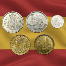 Lot of 5 Spain 1 & 5 Pesetas Coins - Juan Carlos - Combined Ship