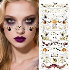 12 Sheets Halloween Face Patches Temporary Tattoo, Ghost Skull Witch Bat Spider