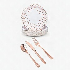 125 Pcs Rose Gold Disposable Plastic Dinnerware Set Plates Silverware 25 Guests