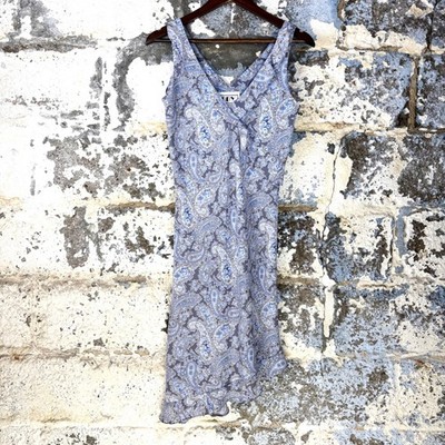 Vintage 90s DBY Blue Paisley Floral V-Neck Asymmetrical Ruffle Midi Dress Sz 7/8