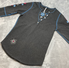 Alp-n-Rock Womens Embroidered Henley Top Sz 1/XS Gray Danish Floral 3/4 Sleeve