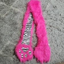 NWT Justice Girl's Winter Scarf Mittens Fuzzy MONSTER Hot Pink Zebra Faux Fur