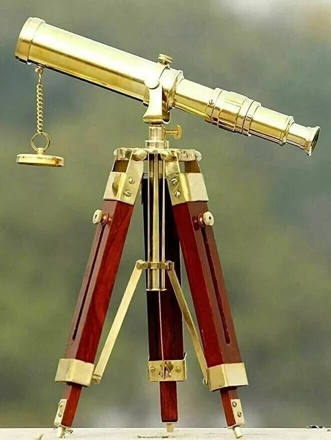 Antique Brass Vintage Telescope With Wooden Tripod Stand Telescope. - Image 2 of 4