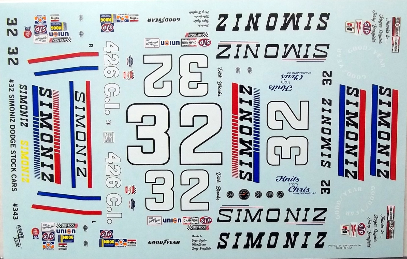 NASCAR DECAL #32 SIMONIZ 1971 DODGE CHARGER NASCAR STOCK CAR DICK BROOKS 1/25