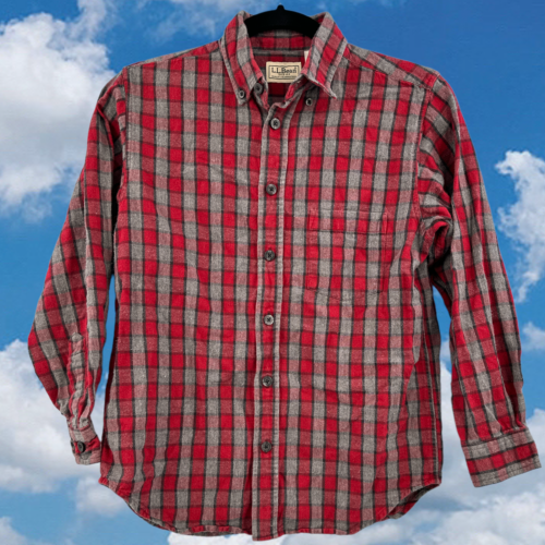 LL Bean Boys Shirt Medium 10-12 Flannel Button-Up Plaid Red Gray Dress - Picture 1 of 3