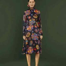 Farm Rio Midi Dress Lily's Garden Size XL Torso Cut Out Floral Long Slv Colorful