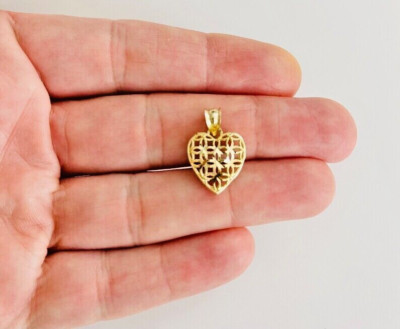 Massiver 10K Gelbgold Herz Anhänger - 21mm x 13mm kleiner filigraner 3-D Charm - G110