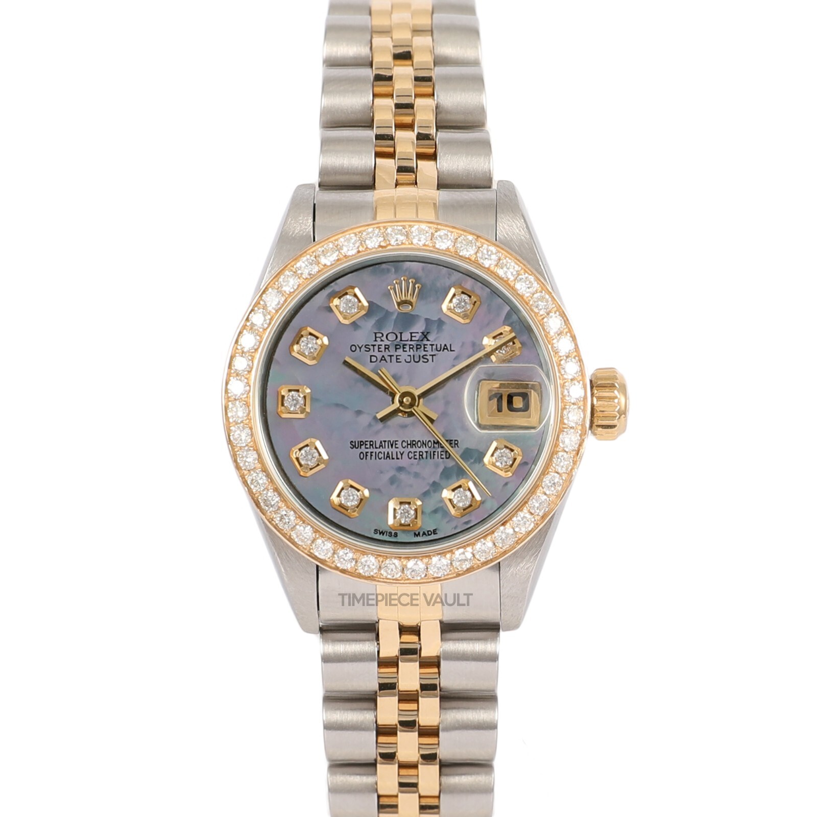 ROLEX LADY DATEJUST 79173 GOLD & STEEL 26MM BLACK MOP DIAL 18K DIAMOND BEZEL-B&P