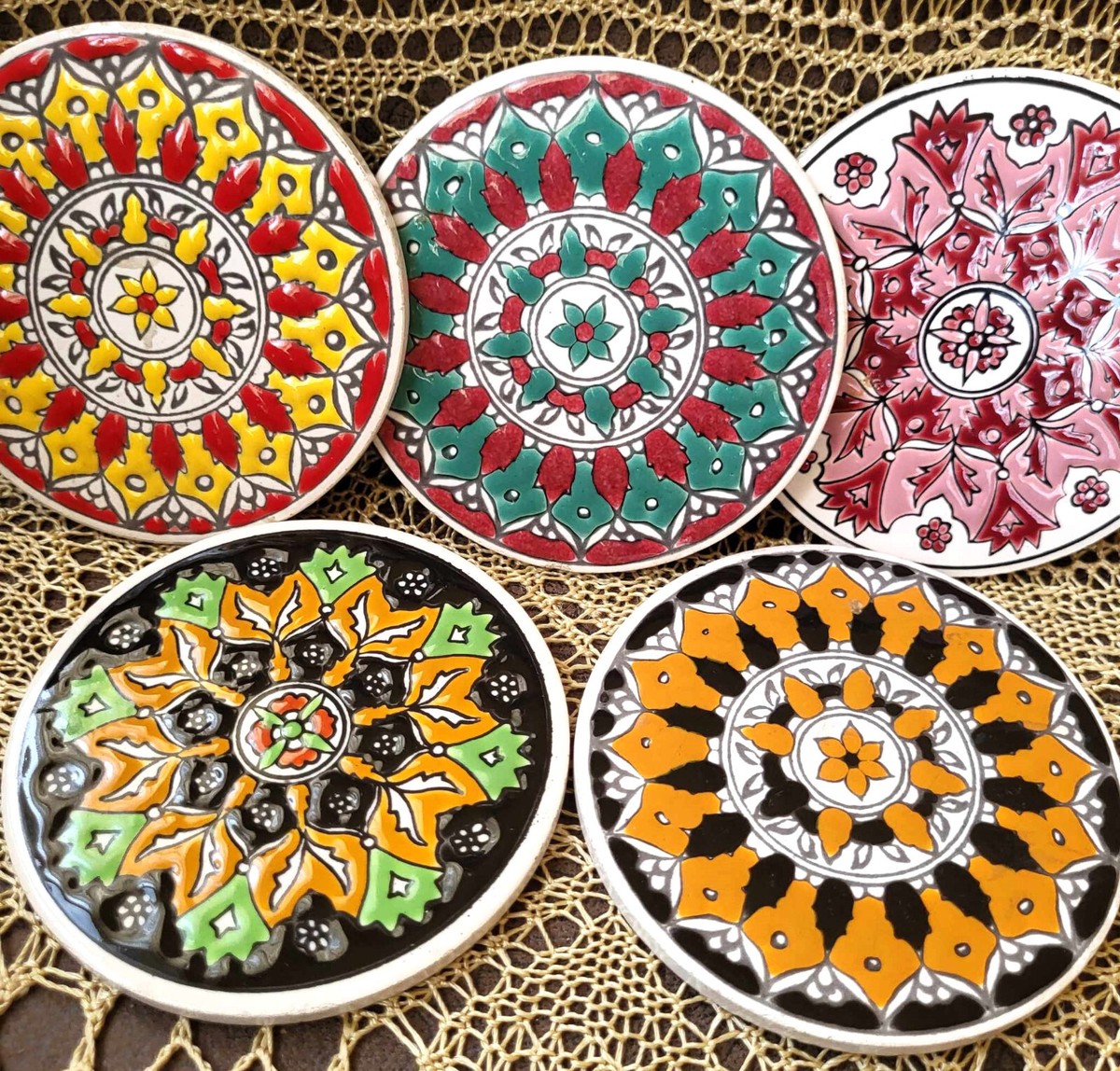 Drink Coasters Set 5 with Wooden Holder Multicolor Enamel Ceramic
