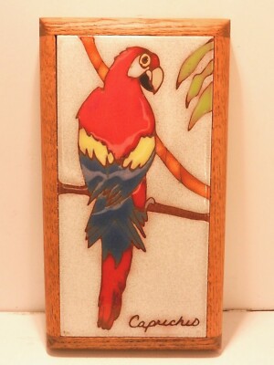  CAPRICHIO SEATTLE Ceramic MACAW PARROT 9'' TILE on WOOD Trivet Wall Decor