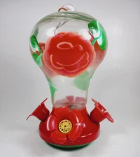 Glass Hummingbird Feeder with Hand Painted Roses, Features 4 Stations.