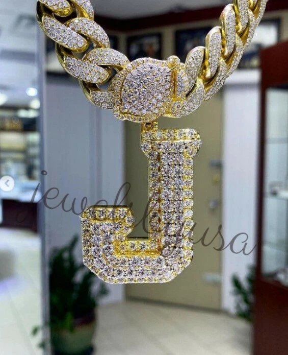 Colgante para hombre 100 % real moissanita personalizado letra J chapado en oro amarillo de 14 quilates plateado Foto 3 de 4