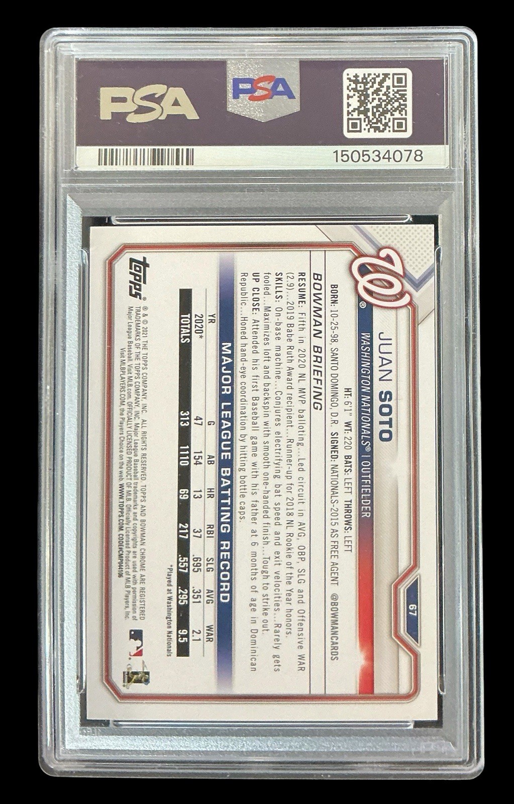 2021 bowman #67 juan soto; jersey # 22/250 purple variation PSA 8  (POP 1, 0^) view 3