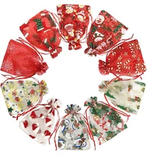 24PCS Christmas Organza Gift Bag 4X6 with Drawstring 11 Mix Pattern Small Goo...