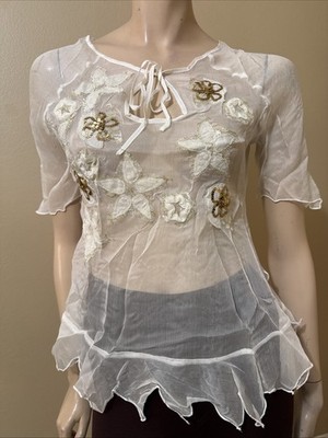 Women s White Silk Casual Summer Sheer Beaded Embroidered Lace Size S Blouse Top