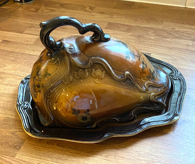 Vintage viktorianische braune Blume große Keramik Käseschale Saffordshire Pottery