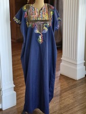 5 Stars Vintage 70s Galabeya Egyptian Souvenir Kaftan Navy Blue Cotton Large