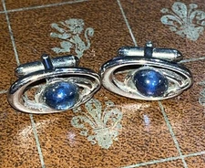Beautiful Pair Of SWANK Cufflinks- Silver Colored With Blue, Mid Century