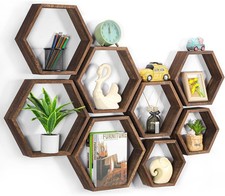 Hexagon Floating Shelves Set of 8 Wood Hexagonal Shelves Brown Wall Decor and