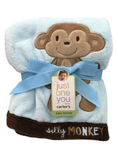 Carter's Just One You Silly Monkey Baby Blanket Blue Brown Tan Plush Fleece New