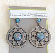 Vtg Handcraftd Steampunk Gear Earring Faux Blue Marble Stones Industustrial Vibe